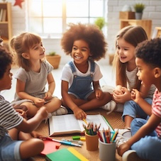 A group of young children with a focus on Black children, engaging in collaborative and joyful Bible study in a bright and welcoming environment